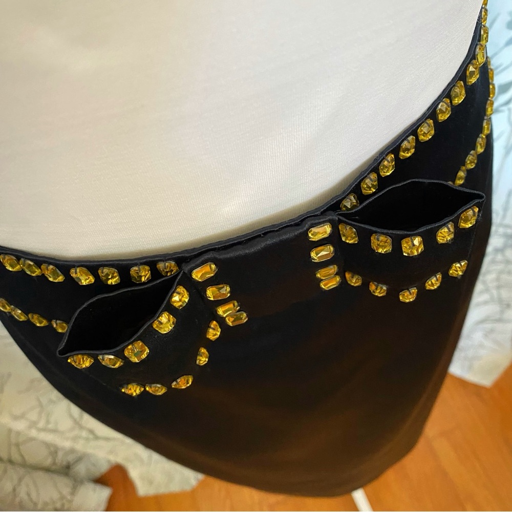 RED VALENTINO YELLOW GOLD BEJEWELED RHINESTONE BOW WAISTBAND BLACK SILK SKIRT - Picture 3 of 12
